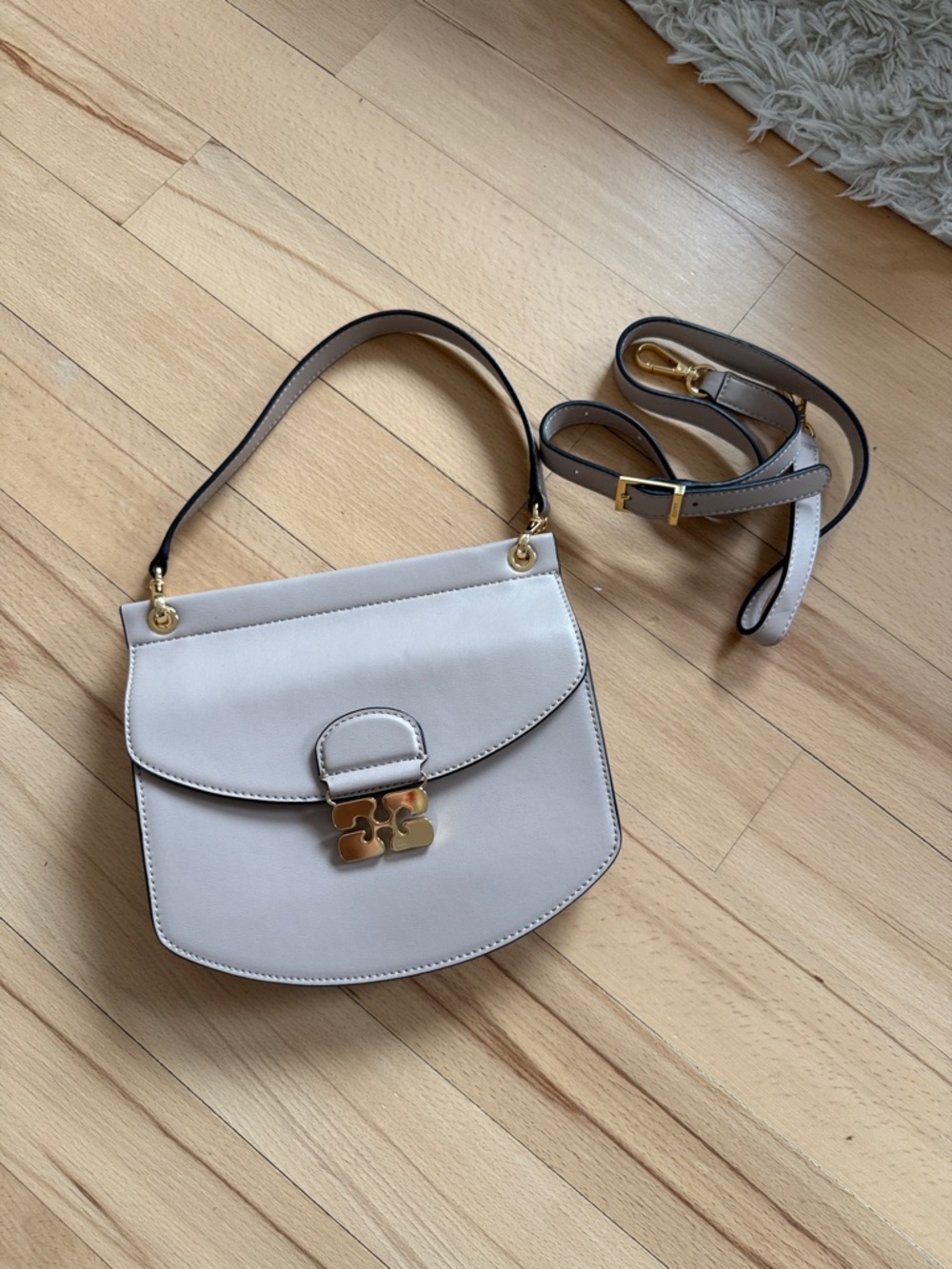 Ganni apo-G Small Leather Crossbody in Light Gray with Gold Hardware